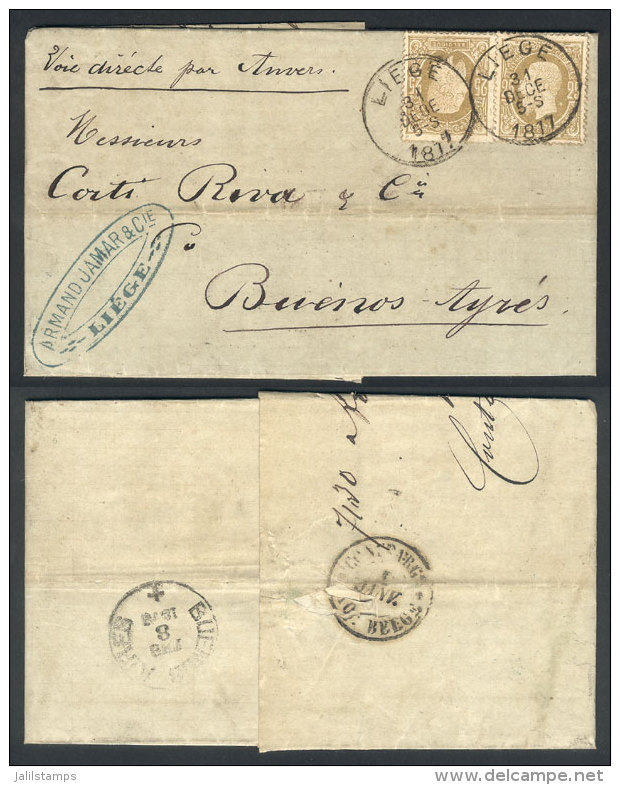 31/DE/1877 LIEGE - Argentina: Entire Letter Franked By Sc.37 X2 (Leopold II 25c.) With Datestamp Of Liege, With... - Sonstige & Ohne Zuordnung