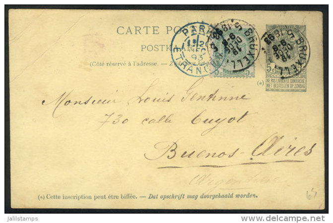5c. Postal Card + 5c. Additional Postage, Sent From Bruxelles To Argentina On 19/DE/1893, With Paris Transit Mark... - Autres & Non Classés