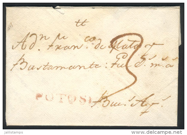 26/MAR/1795 POTOSI - Buenos Aires: Entire Letter With Straightline Red "POTOSI" Marking And "3" In Pen, Very Fine... - Bolivie