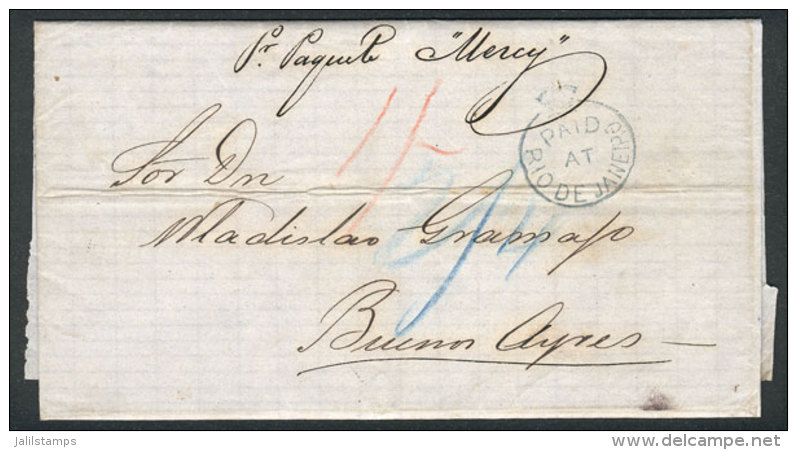 Long Entire Letter Dated PELOTAS 16/FE/1865, Sent To Buenos Aires By "Paquete Mercy", On Reverse It Received A... - Autres & Non Classés