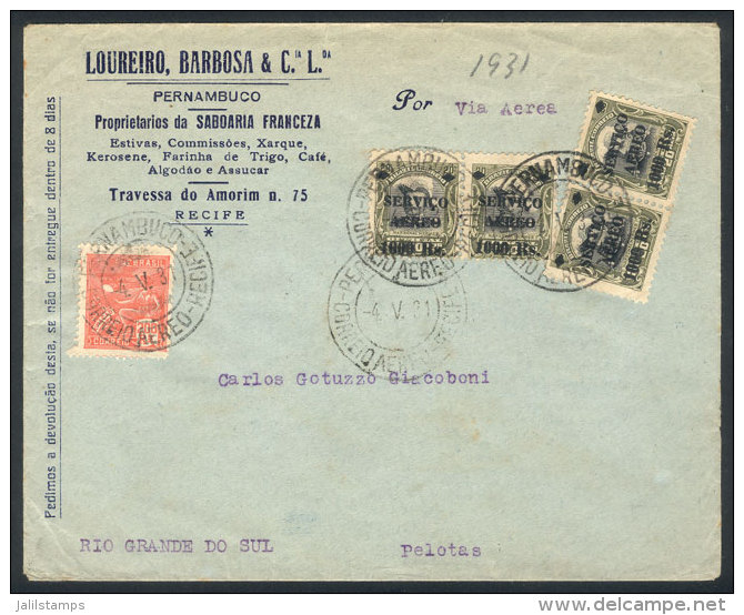 Cover Franked With Rs. 4200, Sent From Recife To Pelotas On 4/MAY/1931 By Airmail, VF Quality! - Autres & Non Classés