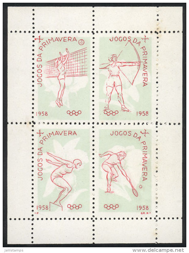 Mini-sheet With 4 Different Cinderellas: 1958 Spring Games (volleyball, Archery, Swimming And Tennis), Very Nice! - Autres & Non Classés