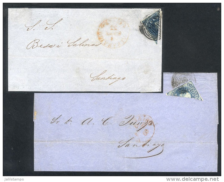 Circa 1860: 1 Dated Folded Cover + 1 Front, Franked With 10c. Columbus BISECT, VF Quality, Low Start! - Chili