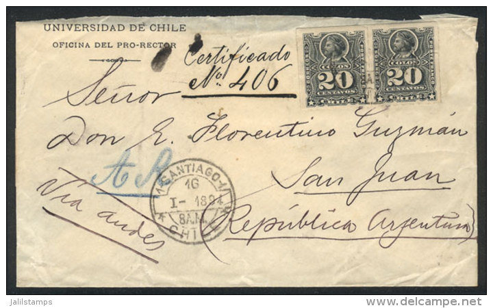 16/JA/1894 SANTIAGO - San Juan: Registered Cover With Printed Head Of The Universidad De Chile, Franked With 40c.... - Chili