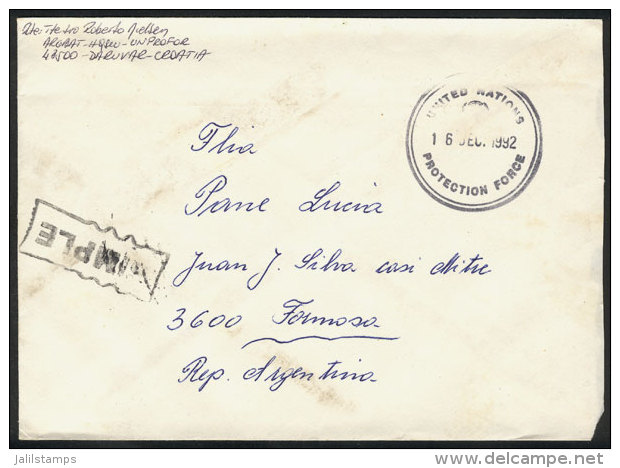 Cover Sent Stampless From Daruvar To Argentina On 16/DE/1992, Hanstamped "UNITED NATIONS PROTECTION FORCE",... - Croatie