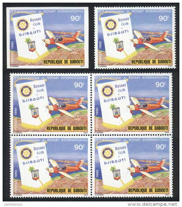 Sc.509, 1980 Rotary International, Airplane, Single + Block Of 4 + IMPERFORATE Single, Excellent Quality! - Djibouti (1977-...)