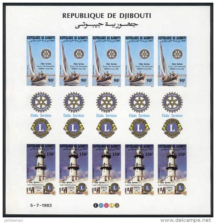 Sc.C182/3, 1983 Rotary And Lions, Boat, Lighthouse, Complete IMPERFORATE Sheet, Rare. Excellent Quality (with Minor... - Djibouti (1977-...)