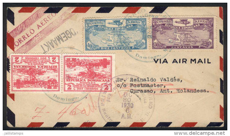 30/DE/1930 Santo Domingo - Curacao:  First Flight (M&uuml;ller 22), On Back Arrival Mark And Another Mark Of Return... - Dominicaine (République)
