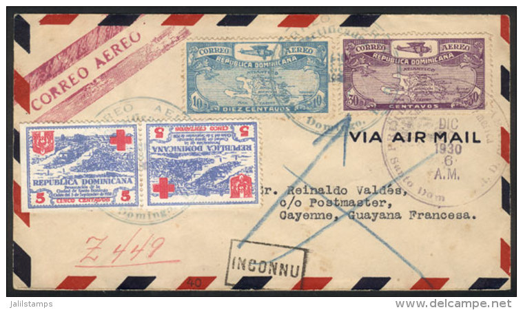 30/DE/1930 Santo Domingo - Cayenne (French Guiana):  First Flight (M&uuml;ller 24), On Back Arrival Mark And Other... - Dominicaine (République)