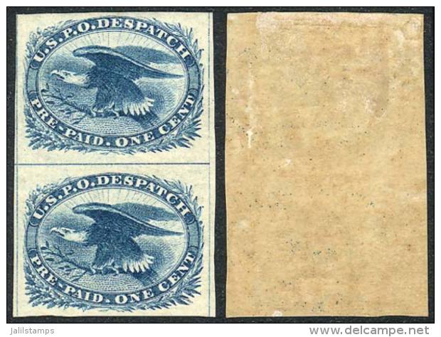 Sc.LO2, 1851 Eagle 1c. Blue, Beautiful Vertical Pair, The Lower Stamp MNH, Very Fine Quality, Catalog Value... - Other & Unclassified