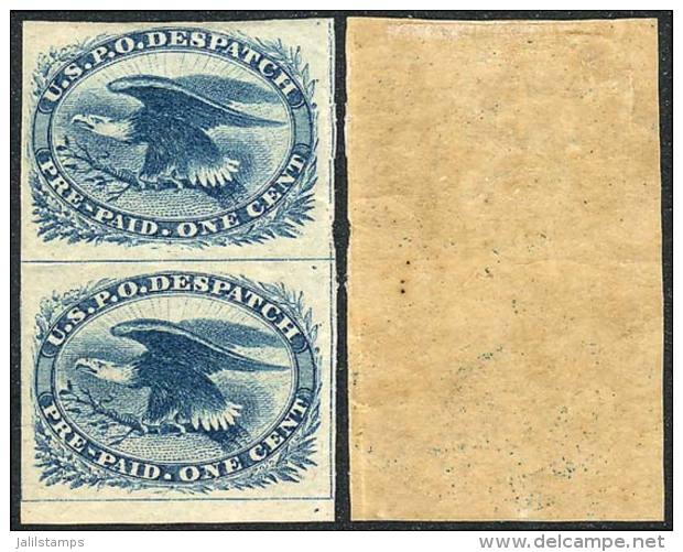 Sc.LO2, 1851 Eagle 1c. Blue, Beautiful Vertical Pair, The Lower Stamp MNH, Very Fine Quality, Catalog Value... - Autres & Non Classés