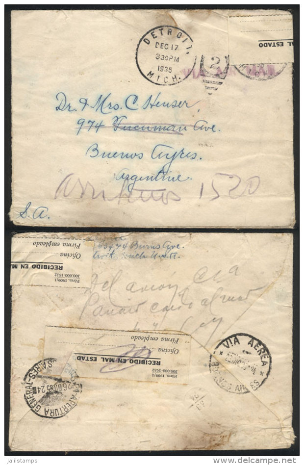 AIRPLANE ACCIDENT: Cover Sent From Detroit To Buenos Aires On 17/DE/1935, With Signs Of Having Been In The Water,... - Autres & Non Classés