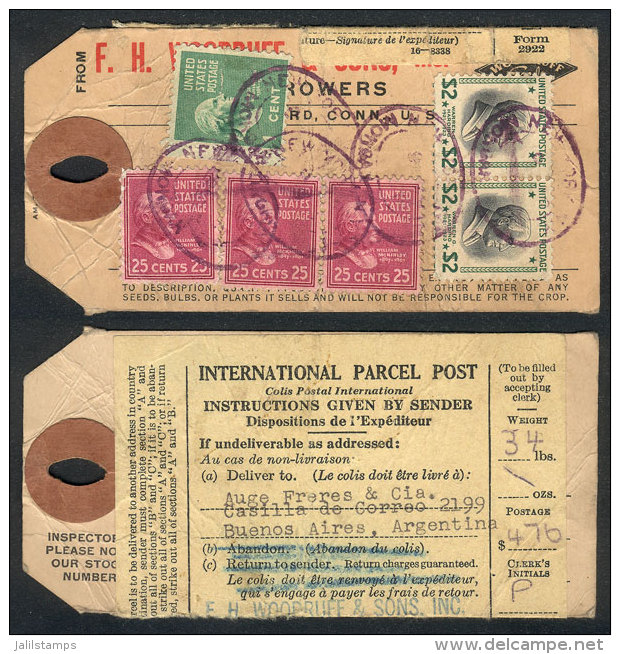 International Parcel Post Tag Sent To Argentina With Spectacular Postage Of $5.76, Very Fine Quality! - Autres & Non Classés