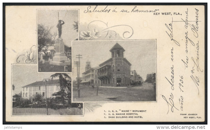 KEY WEST, FL: PC Showing Views Of Maine Monument, Marine Hospital, Bank Building And Hotel, Sent From CUBA To... - Autres & Non Classés