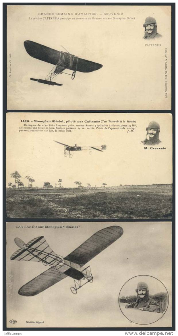 Aviator CATTANEO And His BLERIOT Monoplane, Circa 1910, 3 Beautiful Postcards Of Very Fine Quality! - Autres & Non Classés