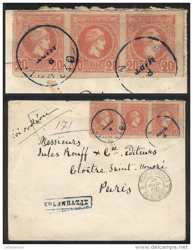 Cover Sent To Paris On 8/MAR/1900, Franked With Strip Of 3 Sc.94 (1889/95 20l. Rose, Athens Printing), Very Fine... - Autres & Non Classés