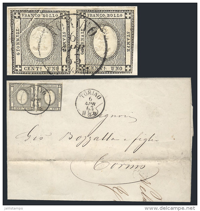 Printed Letter Used In Torino On 6/AP/1863, Franked With Pair Of Sardinia Stamps Sassone 19, One With Diagonal FOLD... - Non Classés