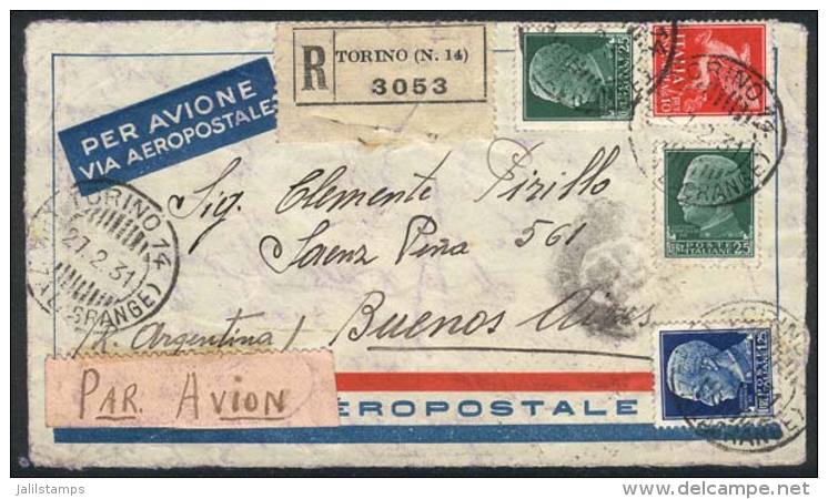 Front Of Registered Airmail Cover Sent (via France Aeropostale) From TORINO To Argentina On 27/FE/1931, Very Nice! - Non Classés