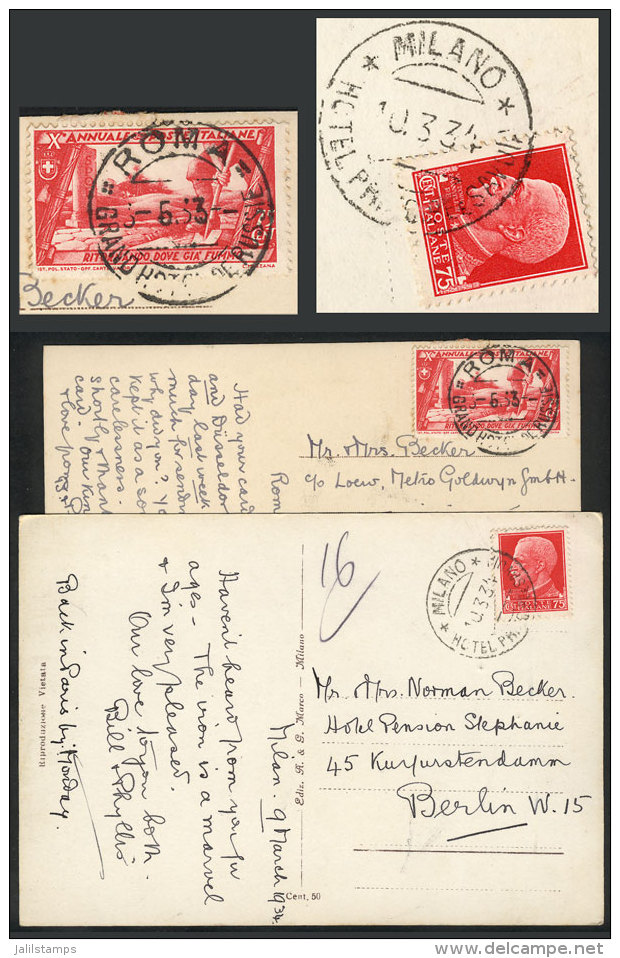 2 Postcards Sent To Germany In 1933 And 1934 With Hotel Postmarks: "ROMA - GRAND HOTEL DE RUSSIE" And "MILANO -... - Non Classés