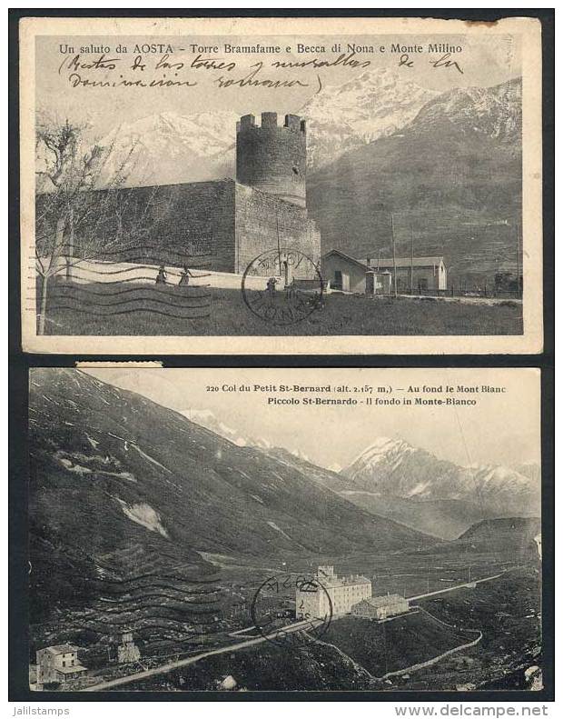 2 Old Postcards Sent To Argentina: Piccolo St. Bernardo, And Torre Bramafame E Becca Di Nona E Monte Milino... - Autres & Non Classés