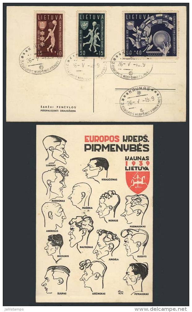 1939 European Basketball Championship, Sc.B52/54 On A Special Postcard Illustrated With Caricatures Of The... - Lituanie