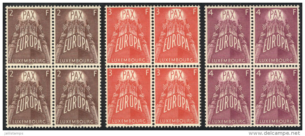 Yvert 531/533, 1957 Topic Europa, Cmpl. Set Of 3 Values In Blocks Of 4, VF Quality, With Tiny And Barely Visible... - Autres & Non Classés