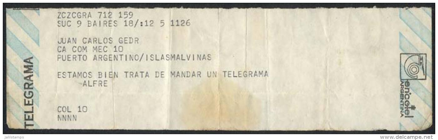 Telegram Sent From Buenos Aires To A Soldier In Puerto Argentino On 12/MAY/1982, It Reads: "We Are Fine Try To Send... - Falklandinseln