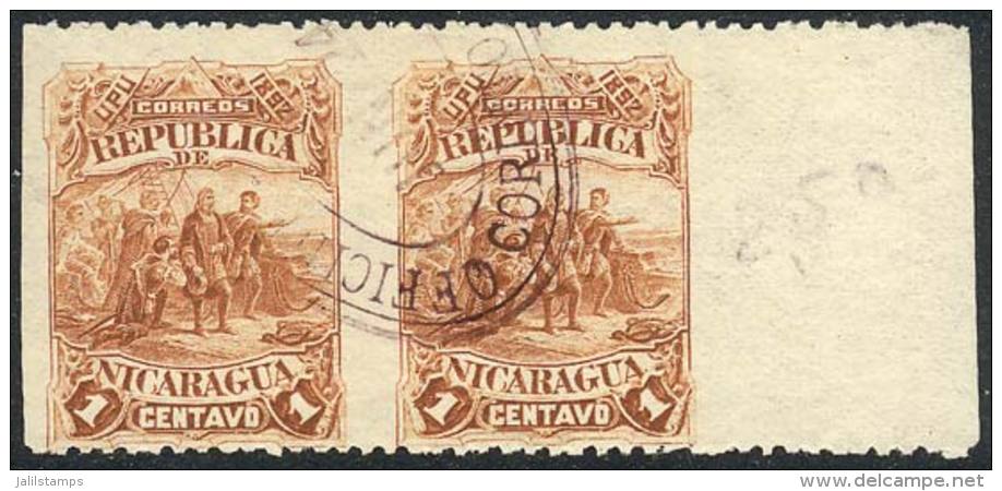 Sc.40, 1892 1c. Colombus, Pair IMPERFORATE VERTICALLY, Excellent And Rare! - Nicaragua