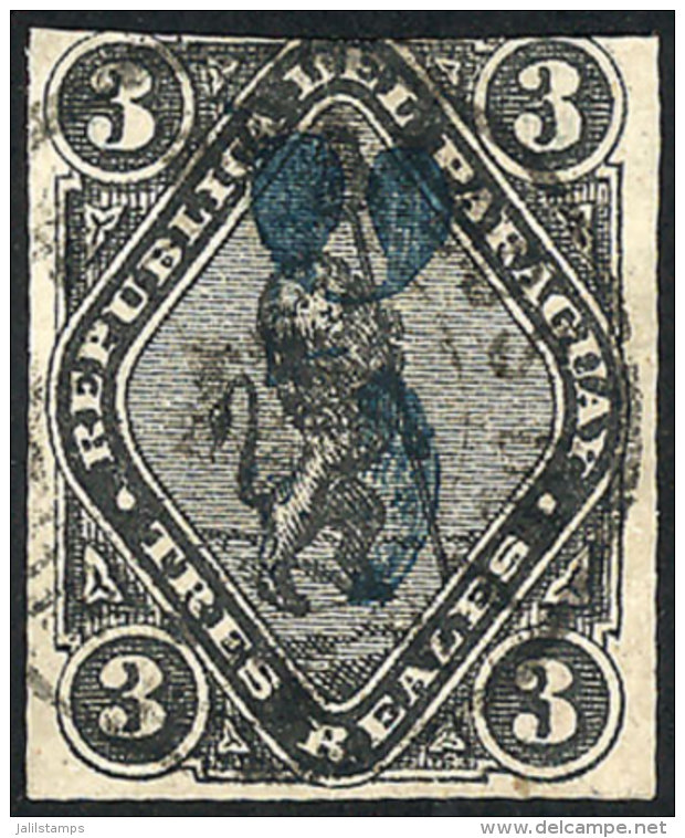 Sc.6, 1878 5c. On 3R. Black, Blue Overprint, Minor Defect, Very Good Appeal, Very Rare! - Paraguay