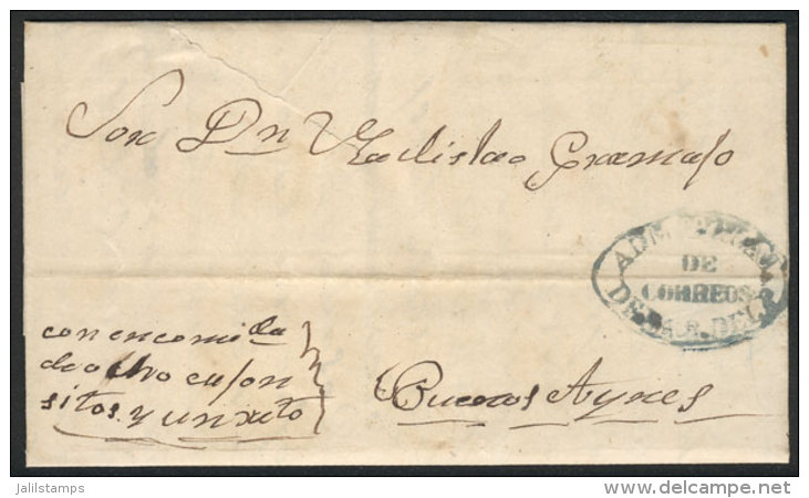 Entire Letter Dated 5/OC/1858, Sent To Buenos Aires "con Encomienda De 8 Cajoncitos Y Un ??", Gray-blue "ADMON GRAL... - Paraguay