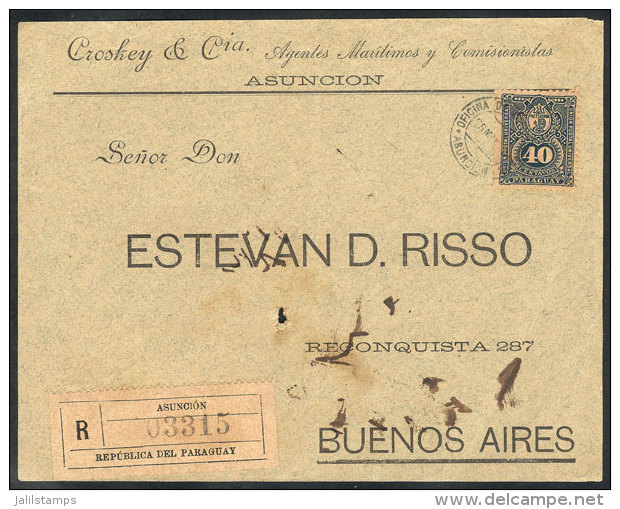 Front Of Registered Cover Sent From Asunci&oacute;n To Argentina On 25/MAR/1894 Franked With 40c. (Sc.42 ALONE),... - Paraguay