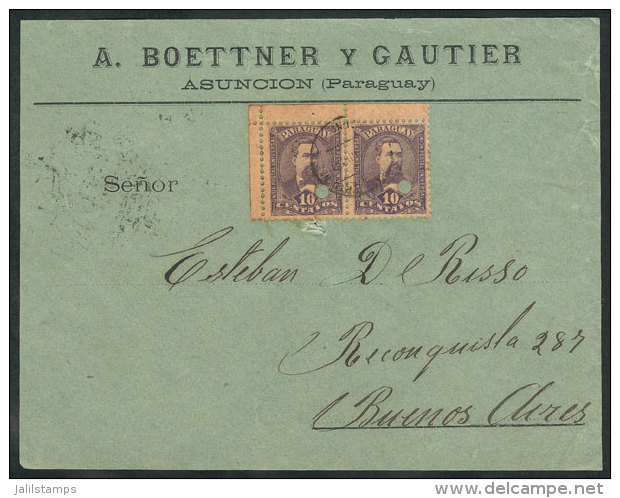 Front Of Cover Sent From Asunci&oacute;n To Argentina (circa 1896) Franked With 20c. (Sc.37 Corner Pair!), Minor... - Paraguay