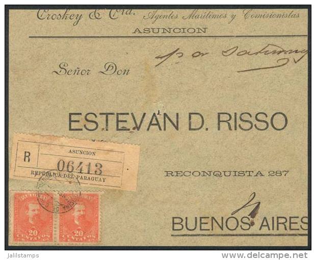 Front Of Registered Cover Sent From Asunci&oacute;n To Argentina In JAN/1898 Franked With 40c. (Sc.40 Pair), Very... - Paraguay