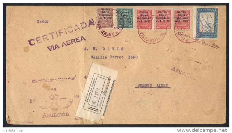 24/MAR/1929: Registered Cover Franked By Sc.C1/3 + Another Value, Sent Via Airmail From Asunci&oacute;n To Buenos... - Paraguay