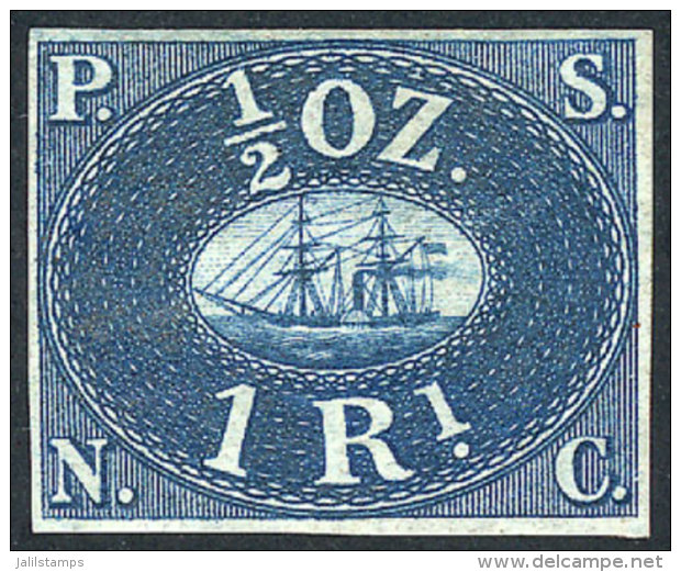 Sc.1, 1857 Ships 1R. Blue, REPRINT, Mint With Ample Margins, VF Quality, Interesting! - Pérou