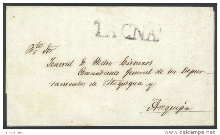 Circa 1825, Undated Folded Cover Sent To Arequipa, Large-size "TACNA" Mark (42 X 10.5 Mm) In Black, Excellent... - Pérou