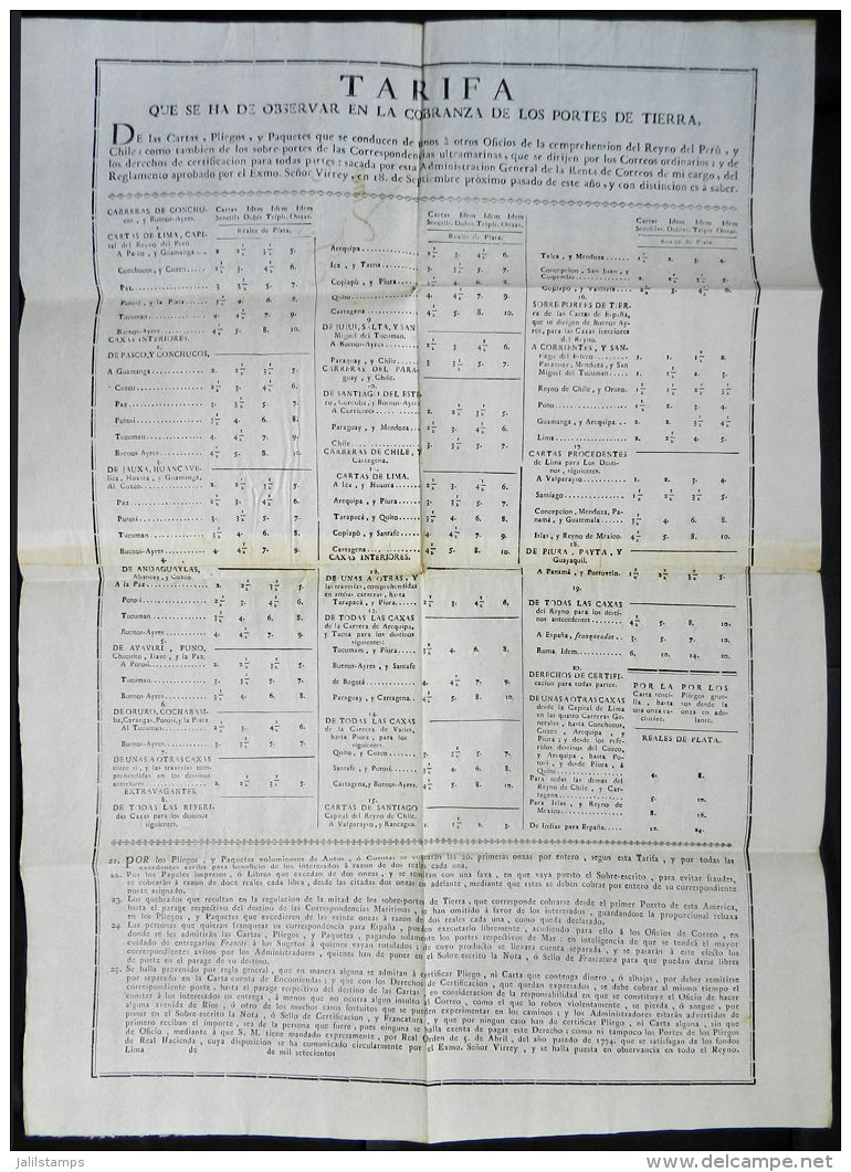 RATES Printed On 20 April 1774 (size 41 X 57 Cm!), Indicating The Postal Rates For Mail Sent Between Different... - Pérou