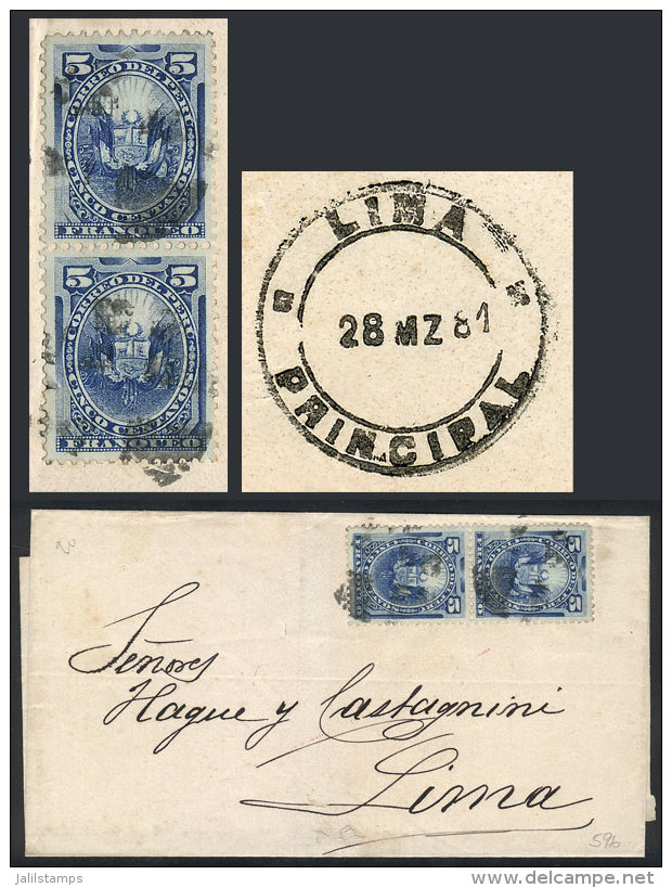 Folded Cover Franked With Pair Of 5c. (Coat Of Arms With Embossed Grill) To Lima, Mute Cancel, With Arrival... - Pérou