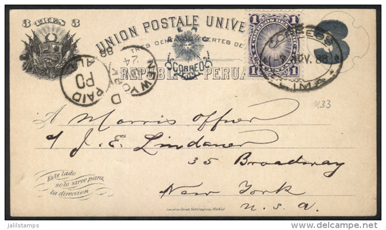 3c. Postal Card + 1c. Stamp, Sent From Lima To New York On 7/NO/1888, Light Vertical Crease Of Little Importance,... - Pérou