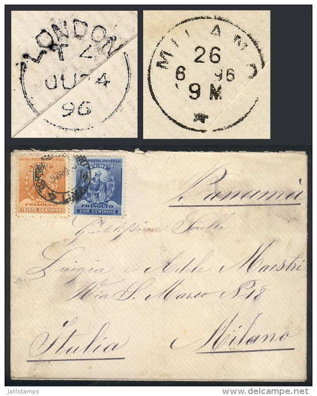 Cover Franked With 22c., Sent From Lima To Italy On 9/MAY/1896, On Back London Transit Mark And Arrival, Very Nice! - Pérou