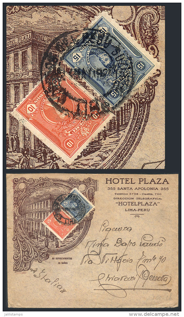 Cover With Spectacular Advertising Of The Hotel Plaza In Lima, Franked By Sc.245A + 260 (coil De 10c., Very Rare On... - Pérou