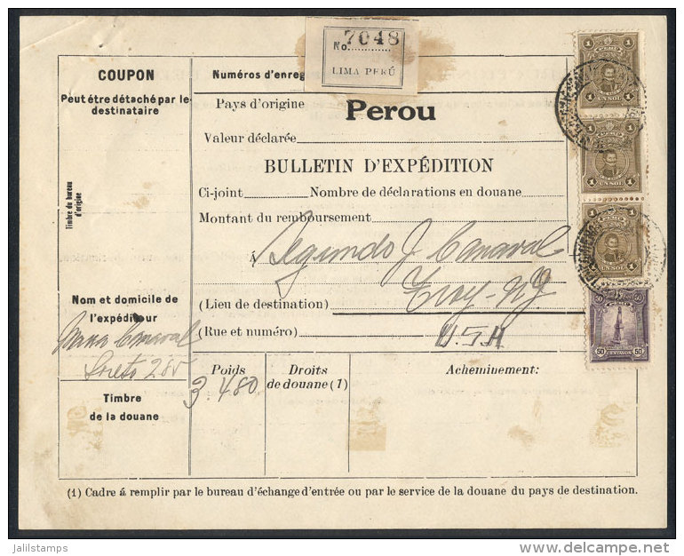 Despatch Note Sent From Lima To USA, With Very Nice Postage Of 3.50 Soles (Sc.248 + 249 Strip Of 3), VF Quality! - Pérou