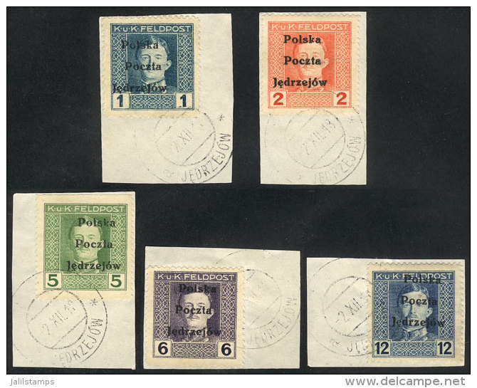 5 Fragments With Austrian Stamps With Local Overprint Of Jedrzejow, VF Quality, Rare! - Autres & Non Classés