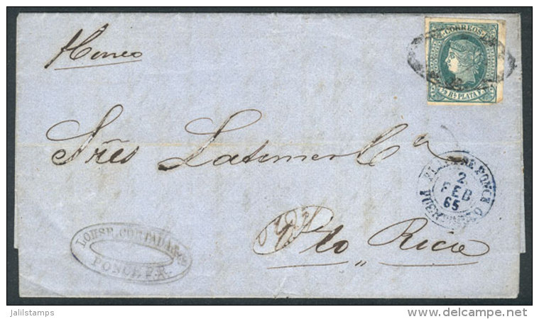 2/FE/1865 PONCE - Puerto Rico: Entire Letter Franked By Cuba Sc.18 (&frac12;R. Green Of 1864) With Mute Cancel Of... - Puerto Rico