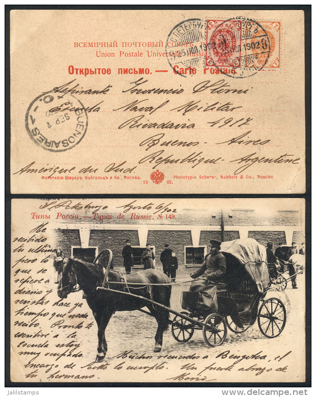 Handsome PC With View Of A Carriage, Sent From Saint Petersburg To Argentina On 6/AUG/1902, Excellent Quality! - Autres & Non Classés