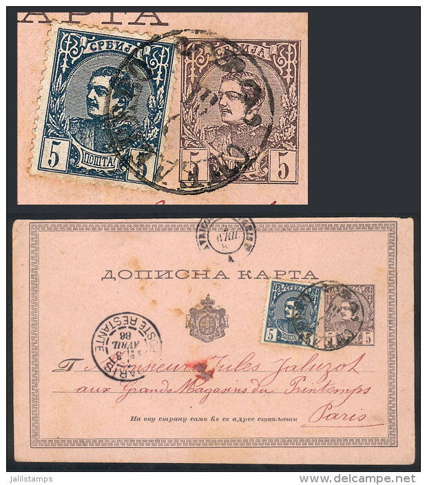 5p. Postal Card + Additional 5p. (Scott 27a), Sent From SEMENDRIA To Paris In MAR/1886, VF Quality! - Serbie