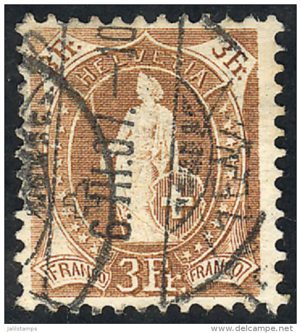 Sc.111a, 1907 Helvetia 3Fr., Perf 11&frac12; X 12, Used, VF Quality, Catalog Value US$310 - Autres & Non Classés