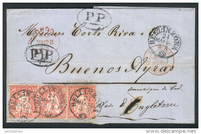 24/MAR/1863 BELLINZONA - Buenos Aires: Folded Cover Franked By Sc.46 X3 (total 90c.), Datestamp Along "PP" And "PD"... - Sonstige & Ohne Zuordnung