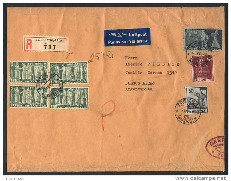 Registered Airmail Cover Sent From Zurich To Argentina On 18/SE/1946, Franked With 47.80Fr., Interesting! - Autres & Non Classés