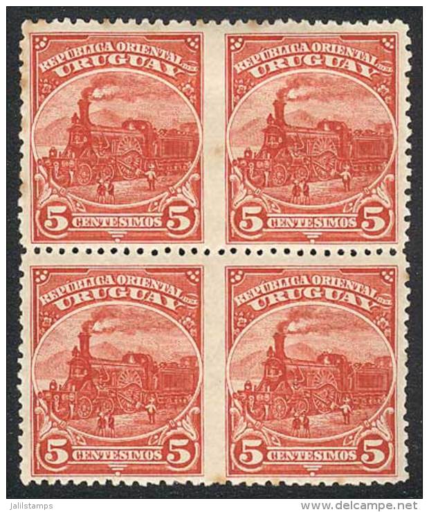 Sc.112, 1895 5c. Engine, Block Of 4 IMPERFORATE BETWEEN VERTICALLY, VF Quality, Rare! - Uruguay